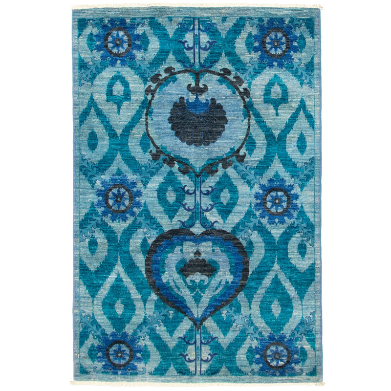 Tapis oriental bleu clair en laine noué à la main Deluna, Rectangle 3 pi 2 po x 5 pi 8 po