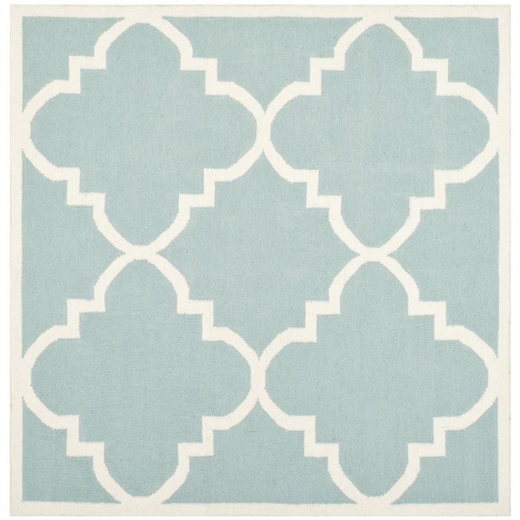 Rodgers Hand Woven Flat Weave Wool/Cotton Geometric Rug in Blue/Ivory