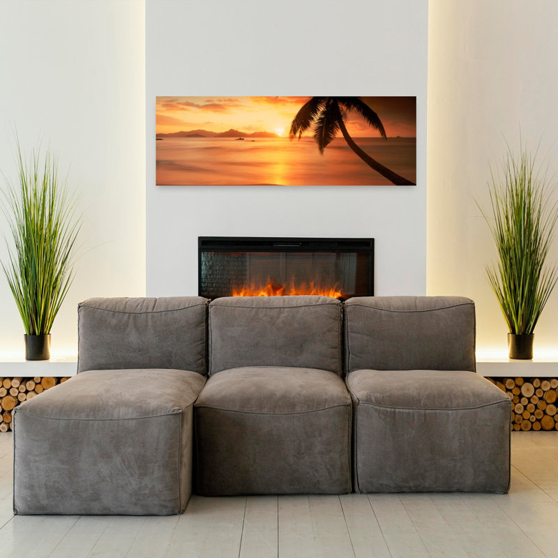 Silhouette Of A Palm Tree On The Beach At Sunset Anse Severe La Digue Island Seychelles by Chad Ehlers - Wrapped Canvas Panoramic Print