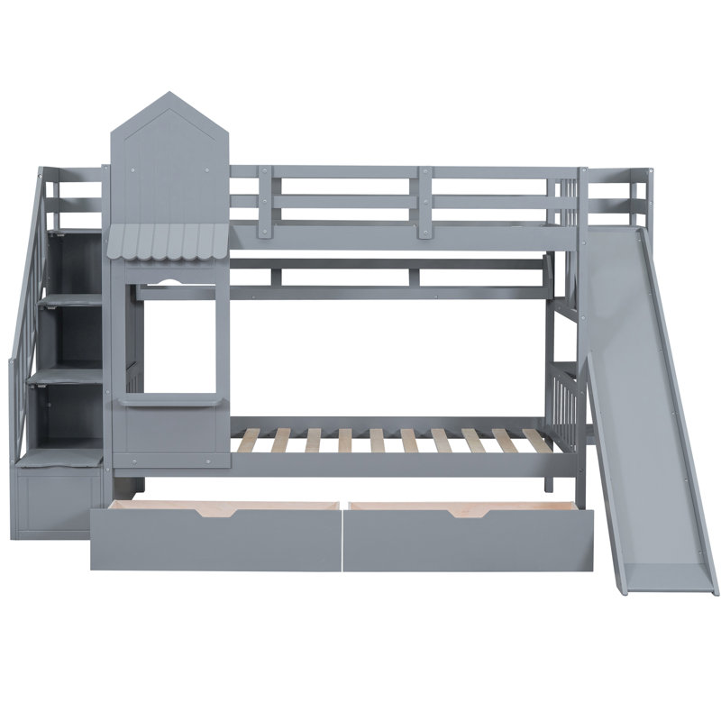 Lit superposé Twintwin en bois massif avec glissade et rangement - glissade grise, 2 tiroirs et 3 tablettes. Structure en pin robuste. Idéal pour 6 ans et plus. Pas de matelas