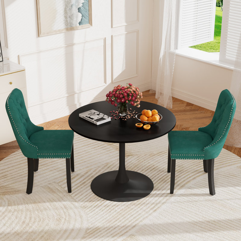 Round Pedestal Dining Set with 2 chairs, Green, Black/Black