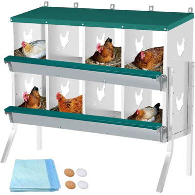 8 Compartment Galvanized Steel Chicken Nesting Box, Large Hen Nest Box with Fake Eggs & Soft Nest Pads, Wall Mount Freestanding for Poultry Coop Farm