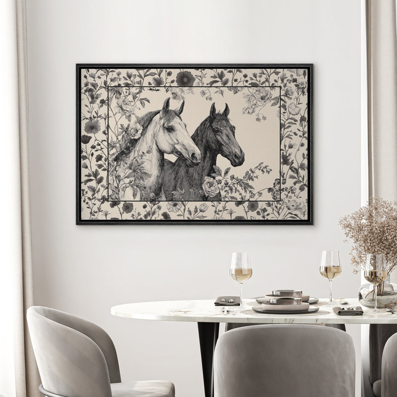 Chevaux noirs et blancs à motif floral encadré pour le salon, H 24 po x l 36 po x P 1,5 po, Noir