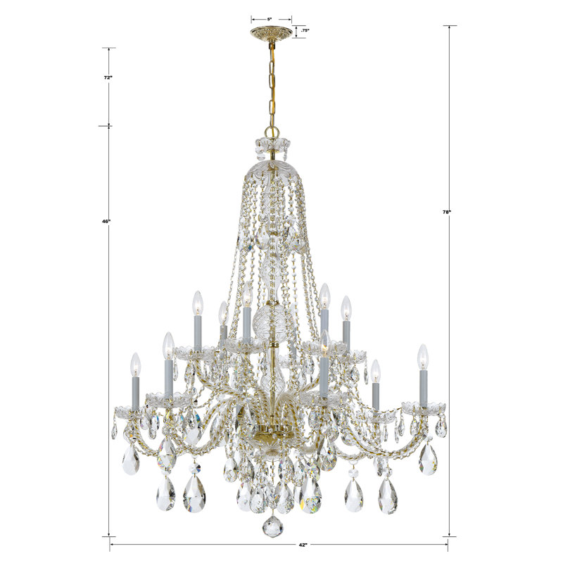Lustre à niveaux 12 lumières de style bougie Rashad, Coupé à la main, Laiton poli