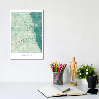 Chicago Vintage Blue Watercolour Urban Blueprint Map by Hubert Roguski - Wrapped Canvas Print