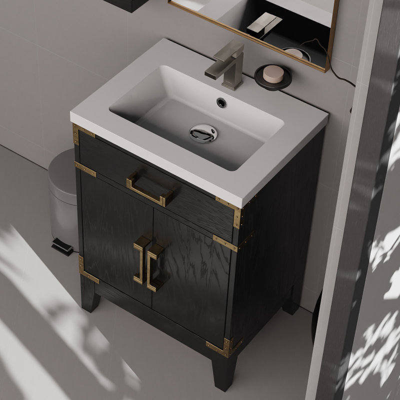 Meuble-lavabo en chêne noir 24 po x 18 po, comptoir en acrylique, robinet et 18 po inclus Miroir, Noir