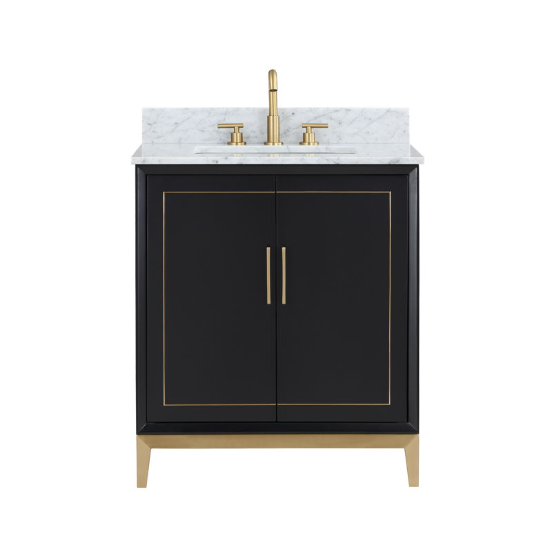 Gracie 30'' W Single Vanity, Midnight Black, Satin Brass, Carrara Marble