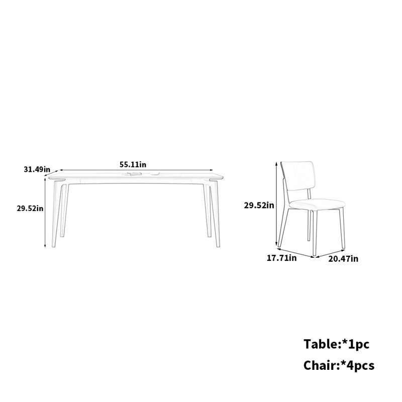Minimalist White Ash Dining Set with Stone, 29.52"H x 55.11"L x 31.49"W