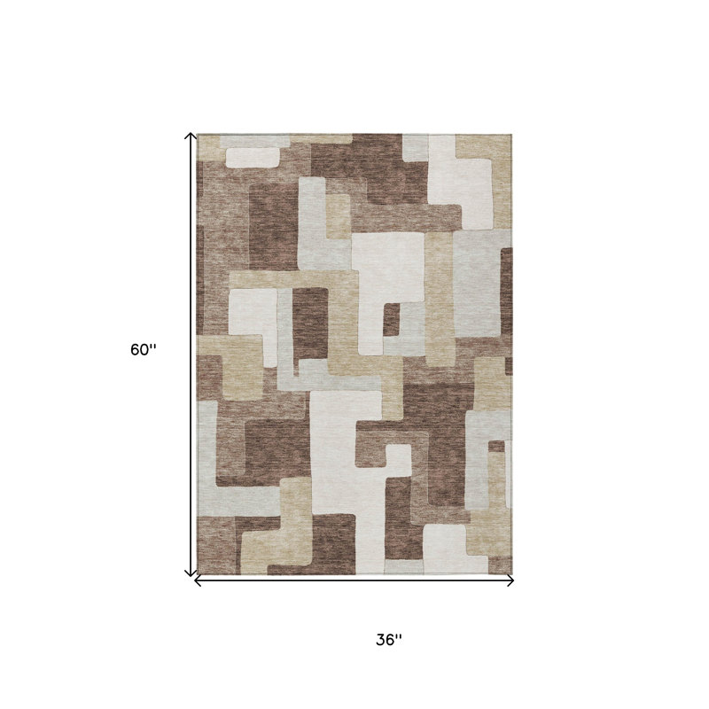 3' X 5' Brown Ivory And Taupe Geometric Washable Indoor Outdoor Area Rug