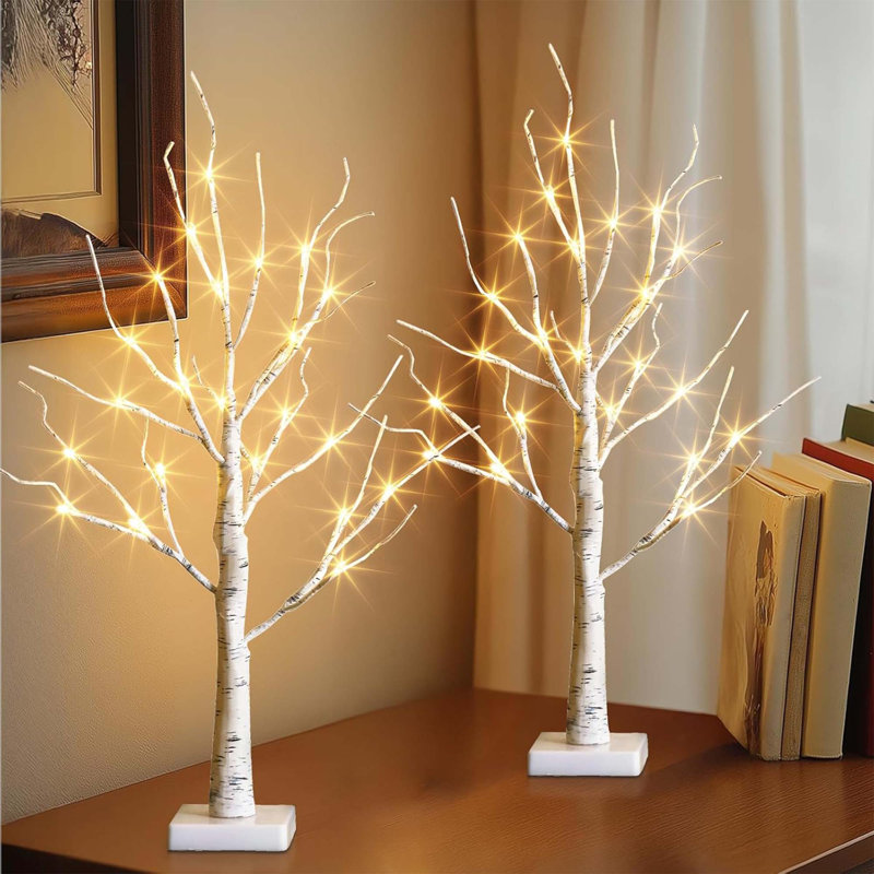Ensemble de 2 bouleaux artificiels illuminés de 2 pi, 24 mini arbres de Noël à DEL blanc pour table, manteau de cheminée, décoration d'intérieur