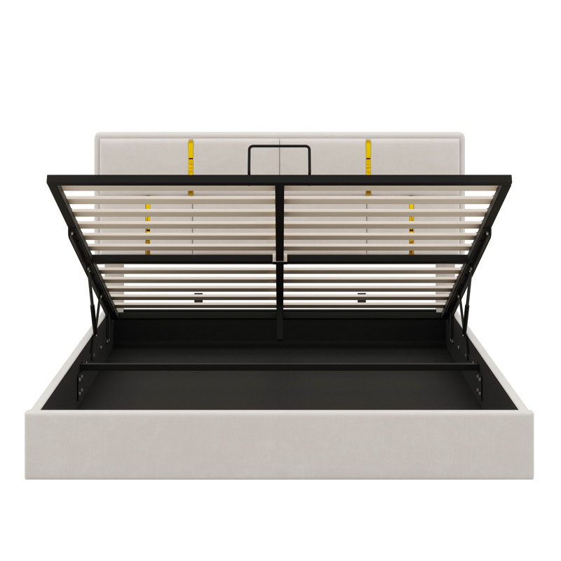 Grand lit plateforme tapissier en tissu avec mécanisme de rangement à levage hydraulique, Beige