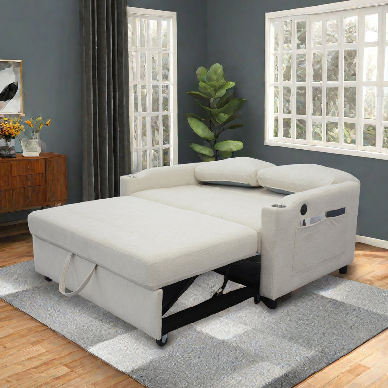 53.2'' Small Loveseat Pull-Out Sofa Bed - Adjustable Backrest, Beige Linen