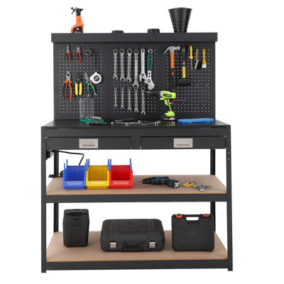 Établi de garage robuste à 3 niveaux avec panneau perforé, prises de courant et 2 tiroirs, table de travail en métal avec tablettes d'une capacité de 440 lb