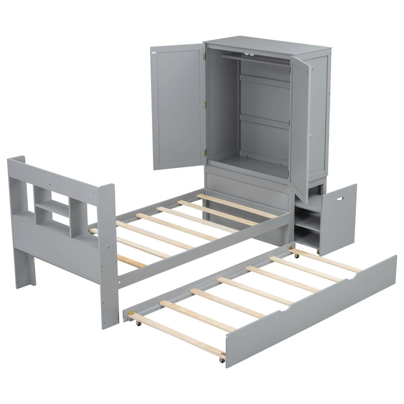 Twin Size Platform Bed With Storage Headboard And Footboard,  Pull Out Shelves And Twin Size Trundle, Grey