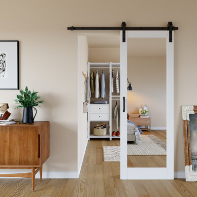 Pre-assembled Door Panel, 𝗗𝗼𝘂𝗯𝗹𝗲-𝗦𝗶𝗱𝗲𝗱 𝗠𝗶𝗿𝗿𝗼𝗿𝗲𝗱 Sliding Barn Door Solid Wood Slab Doors With Installation Hardware Kit