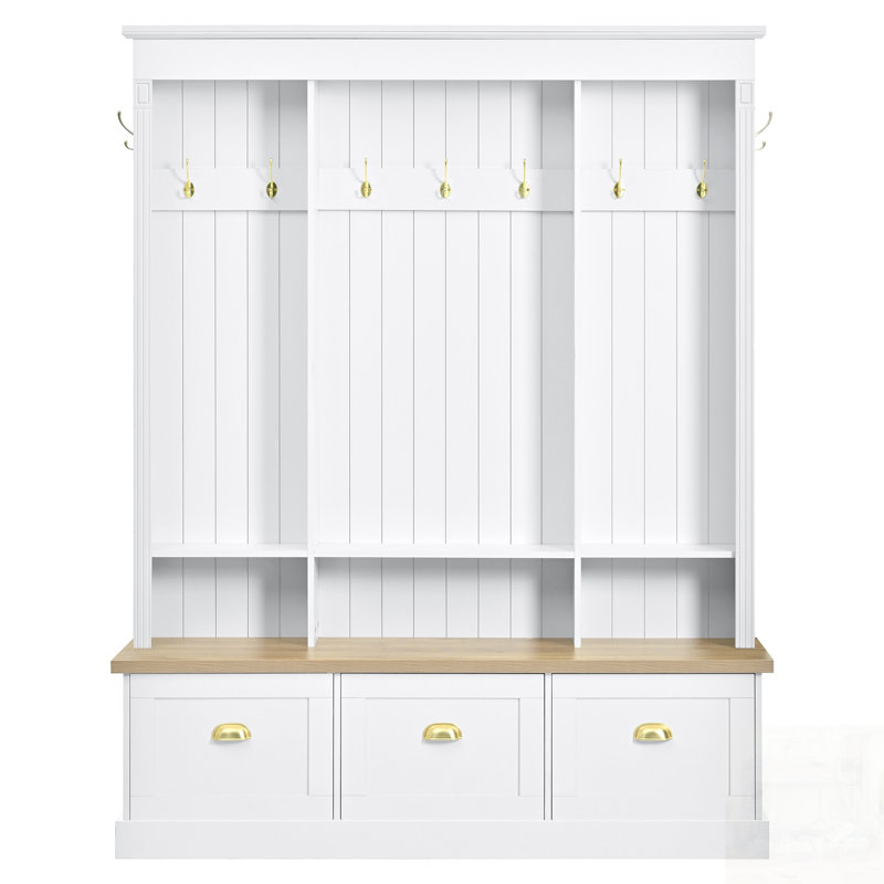 Elegant APP Controlled LED Light Hall Tree With 9 Hooks, Roman Column Design, 3 Large Cabinets, And Storage Bench, White