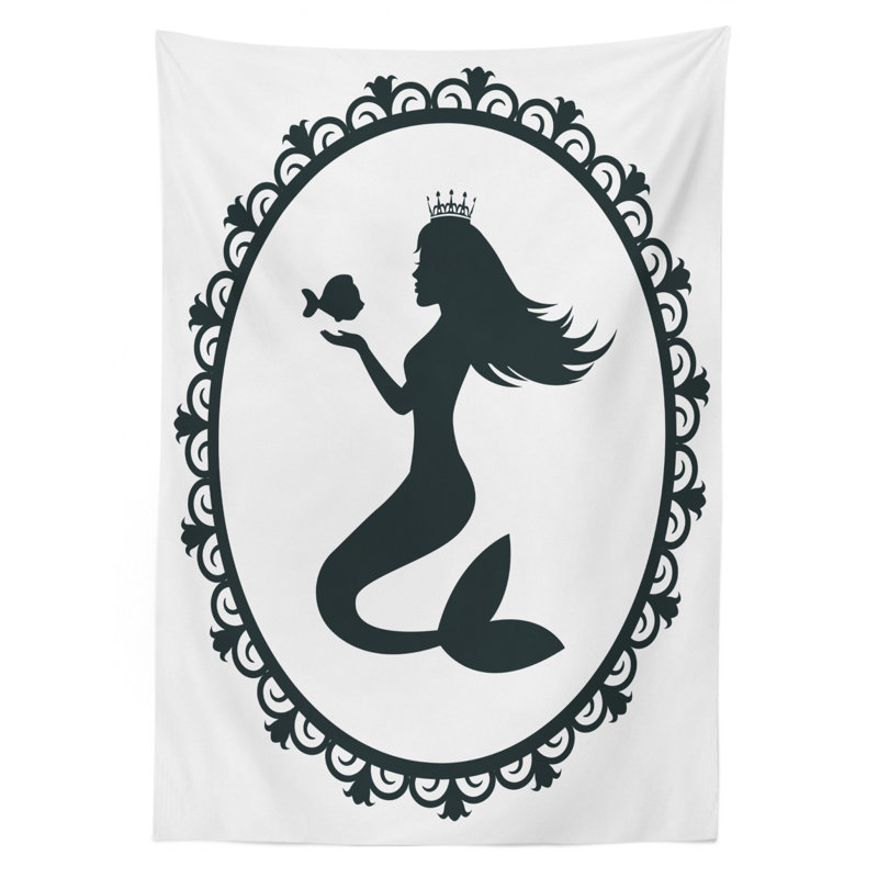 Ambesonne Mermaid Tablecloth, Vintage Graphic Illustration Of A Framed Princess Mermaid With Crown And Fish, Rectangular Table Cover For Dining Room Kitchen Decor, 60" X 90", Black White