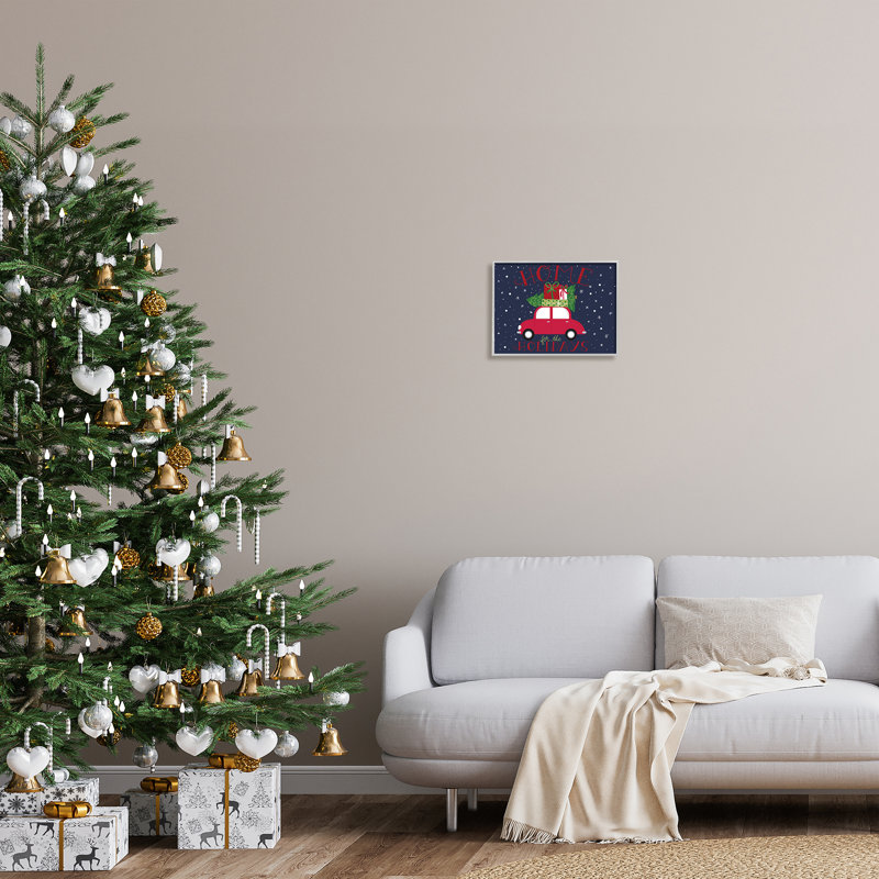 Home For Holidays Sentiment Red Car Presents Snow by Amanda McGee - Textual Art, Farmhouse Grey Framed Giclee, 11" H x 14" W