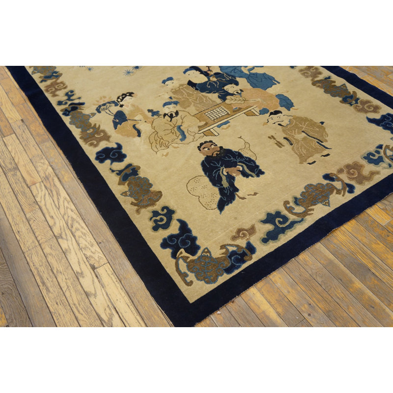 Petit tapis rectangulaire en laine noué à la main de couleur ivoire antique