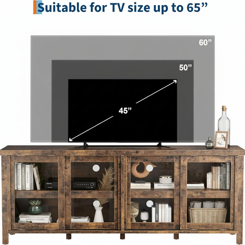 TV Stand, With 4 Sliding Glass Doors & Storage Cabinet, Retro Brown