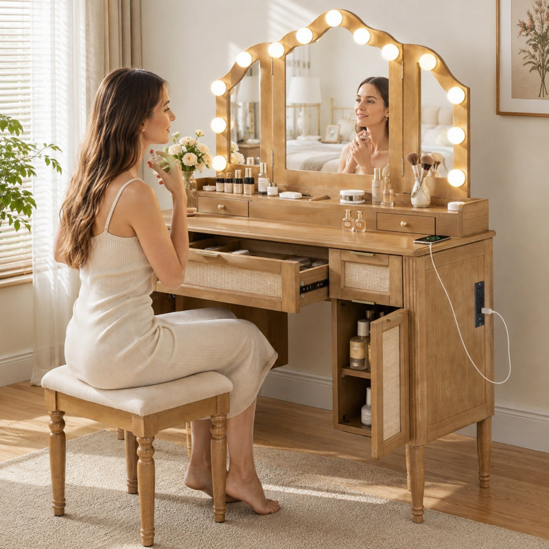 Coiffeuse Maryanna Hollywood avec miroir à trois volets, 13 ampoules DEL et borne de recharge, Naturel