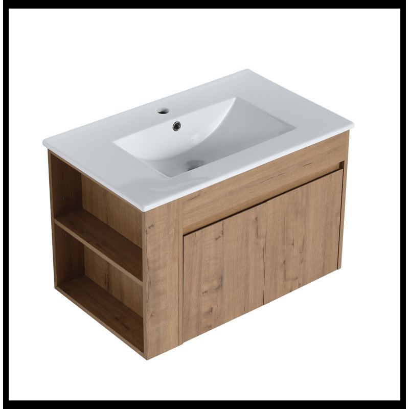 Meuble-lavabo de salle de bain avec lavabo en céramique blanc et tablette ajustable, Blanc