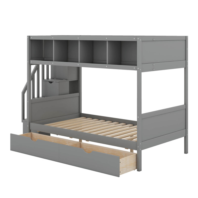 Twin Over Full Bunk Bed With Shelves, Storage Staircase And 2 Drawers, Gray