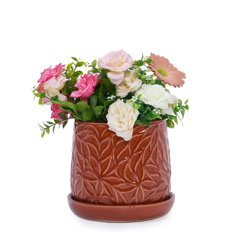 Of 2 Red 7" Flowerpots In Ceramic, Featuring Modern Design, Drainage Hole, And All - Weather Resistance For Home Garden Greenery With Leaves Pattern, Decor