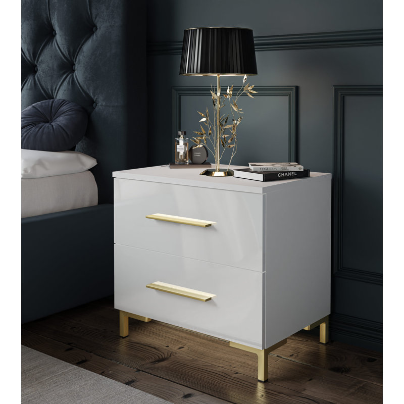 Varonique 2 Drawer Bedside Table, White, Golden
