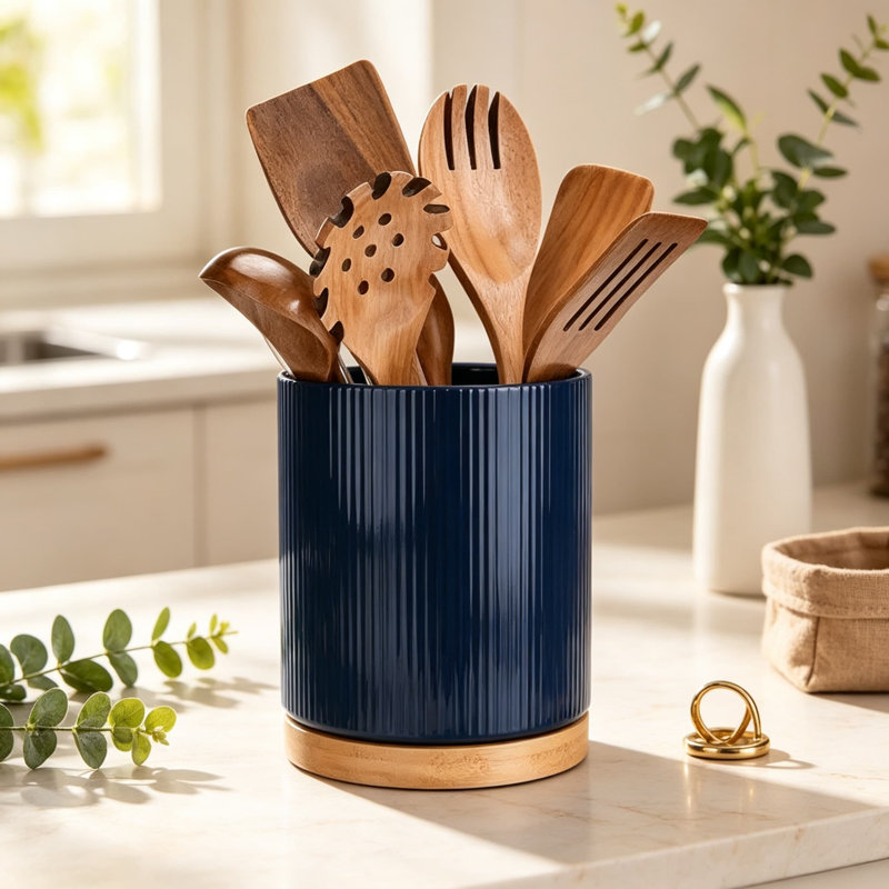 Porte-ustensiles de cuisine rotatif à 360 degrés pour comptoir, pot à ustensiles en céramique avec base en bois rotative, organisateur robuste pour les ustensiles de cuisine et les essentiels de cuisson, cadeau de maison élégant pour la pendaison de crémaillère