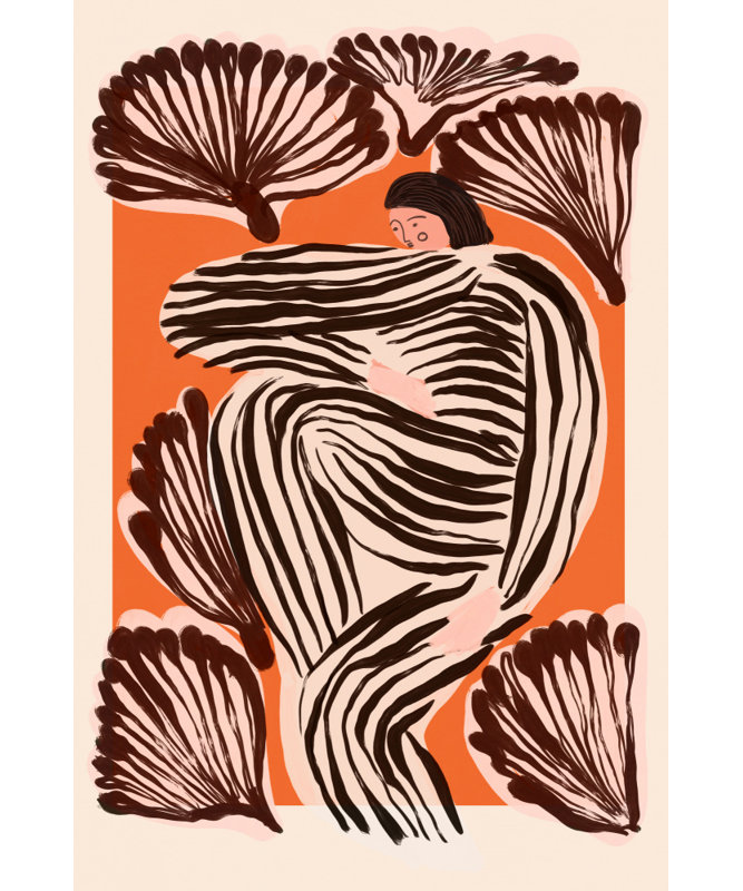 Serene Striped Woman Print by Other Artist, 12 × 18, Gold/Tan/Black/Brown/White, Wrapped Canvas