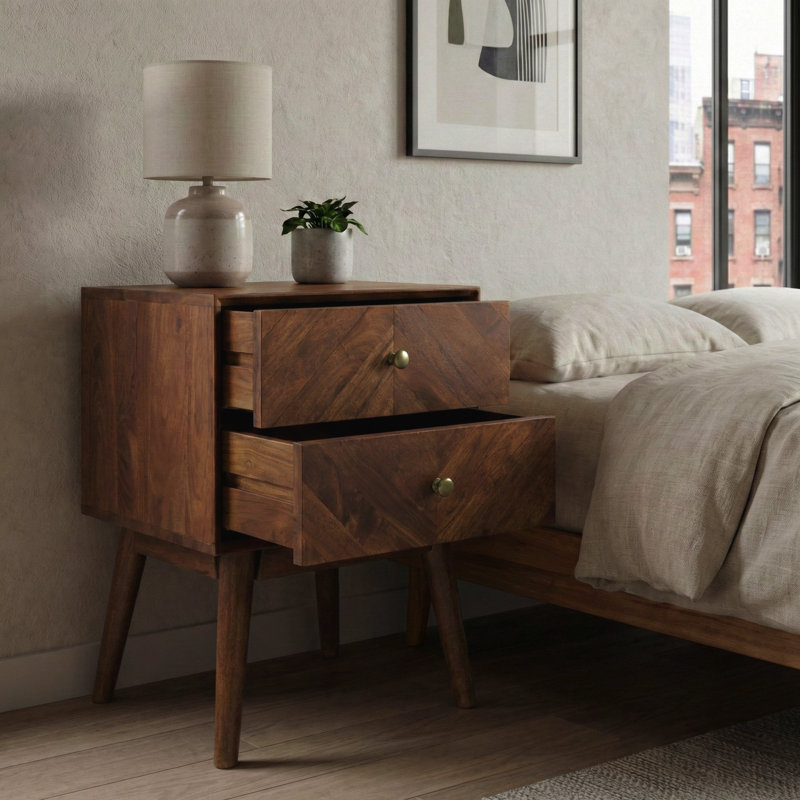 Emet Semi-Assembled Solid Wood 2-Drawer Nightstand, Brown