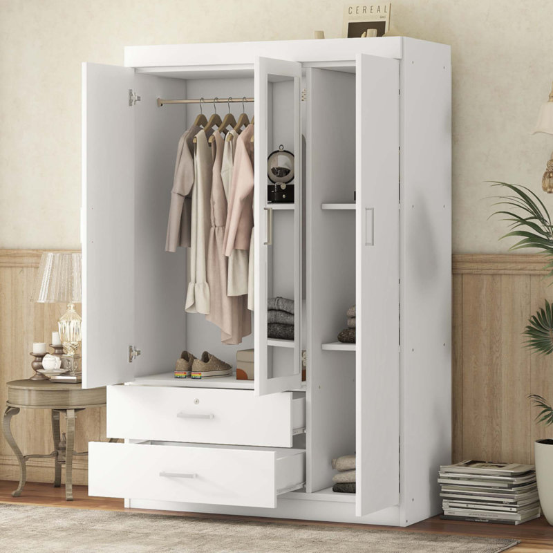 Three-Door Wardrobe With Mirror And Ample Storage, White