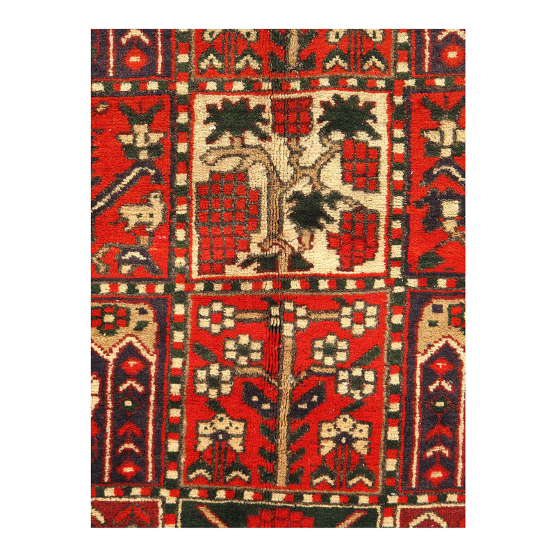 Tapis rouge / brun en laine noué à la main de conception unique 6 pi 7 po x 9 pi 5 po années 1970