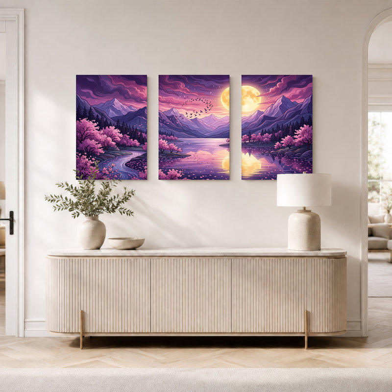 «Pink Blossom Trees and Purple Mountains Under Full Moon», ensemble de 3 toiles murales, H 18 po x l 12 po x 3 pièces