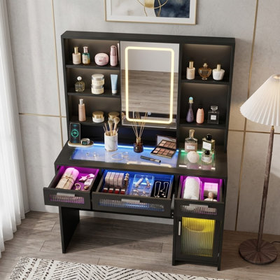 43" Wide Black Glass Top Makeup Vanity With Lighted Mirror And Power Outlets