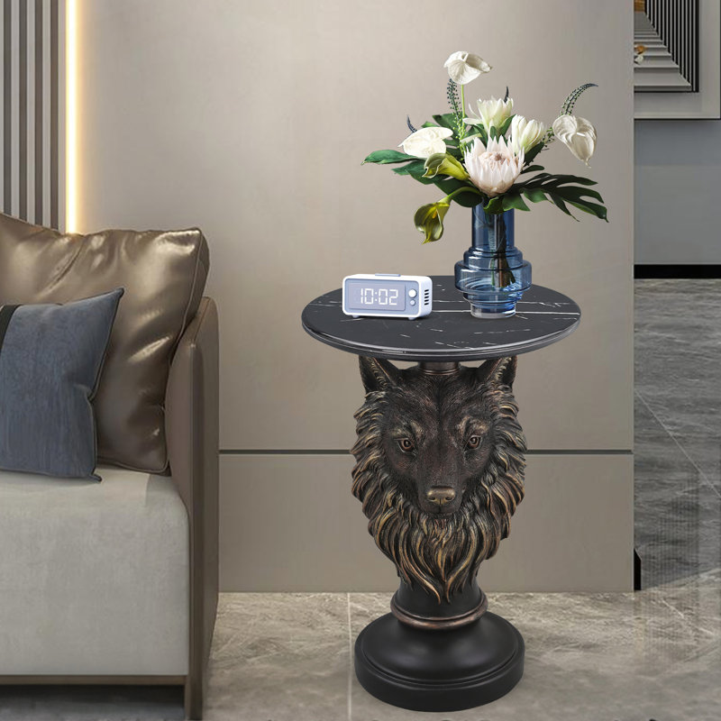 Regal Wolf Head Accent Table with Faux Marble Top, Durable Resin Construction for Luxury Interiors and Statement Furniture