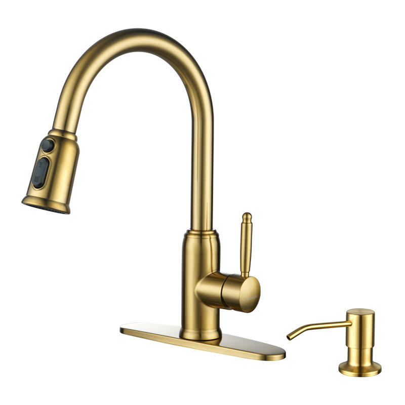 WOWOW Pull Down Kitchen Faucet with Soap Dispenser, Gold