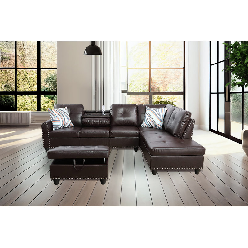Aamanah 97"Faux Leather Sectional with Ottoman, Brown Faux Leather, Right Hand Facing