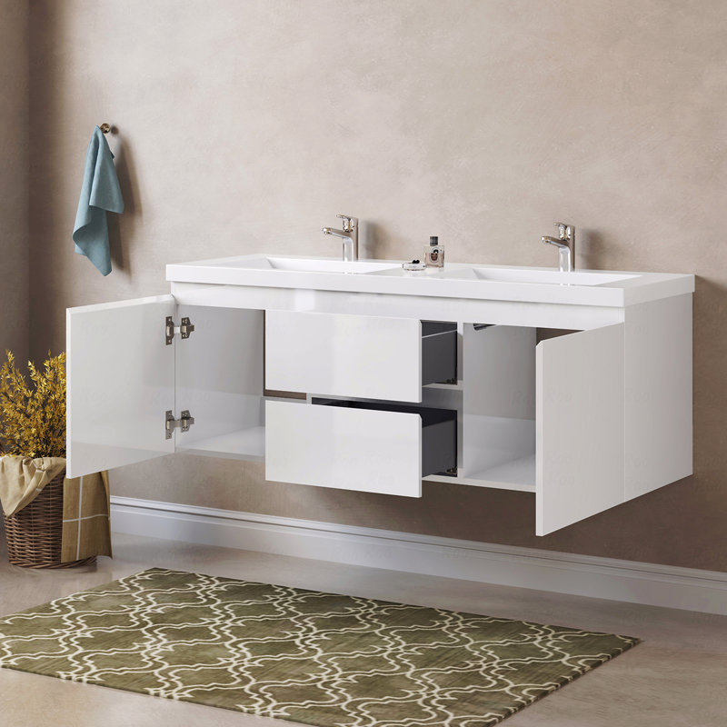 Meuble-lavabo mural flottant double 60 po, 60", Quartz blanc