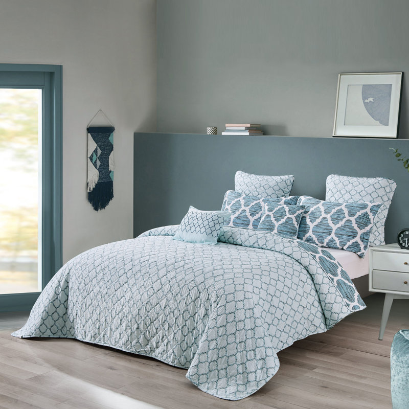 Blue Reversible Microfiber Queen Bedspread Set