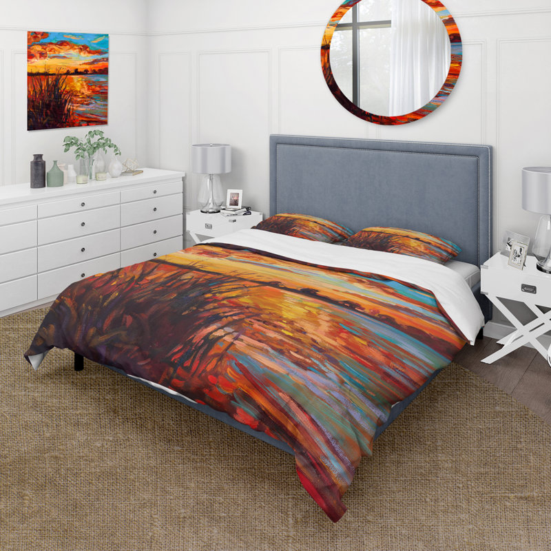 Sunset Glow At The Lake I - Ensemble de housse de couette nautique et côtier - Polyester en microfibre