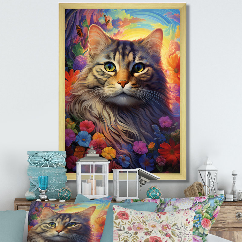 Portrait d'un chat majestueux avec des fleurs I, H 32 po x l 24 po x P 1 po, Cadre doré simple