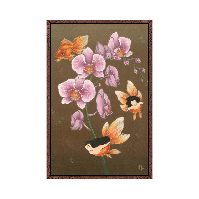 Goldfish Mermaids Spring Orchids 1 Piece Wall Art on Canvas, 101.6 cm H x 66.04 cm W, Classic Brown Wood Framed