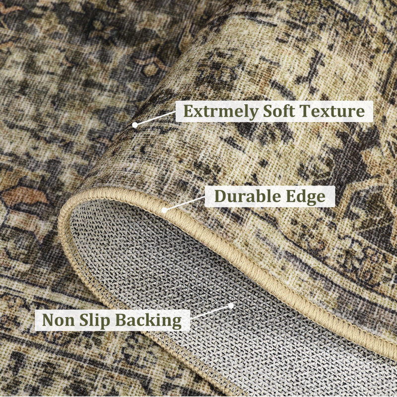 Area Rug 5x7 Living Room Rug Non-Slip Backing Vintage Distressed Rug Floor Carpet Machine Washable Area Rug for Bedroom Dining Room Office Green
