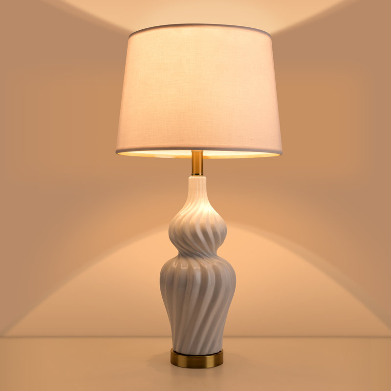 Set of 2 White Ceramic Bedside Lamps with Linen Drum Shades