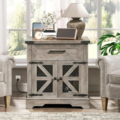  23.6"W Farmhouse End Table with Charging Station Large Sofa Side Table with Storage Cabinet Wooden Nightstand with Drawer