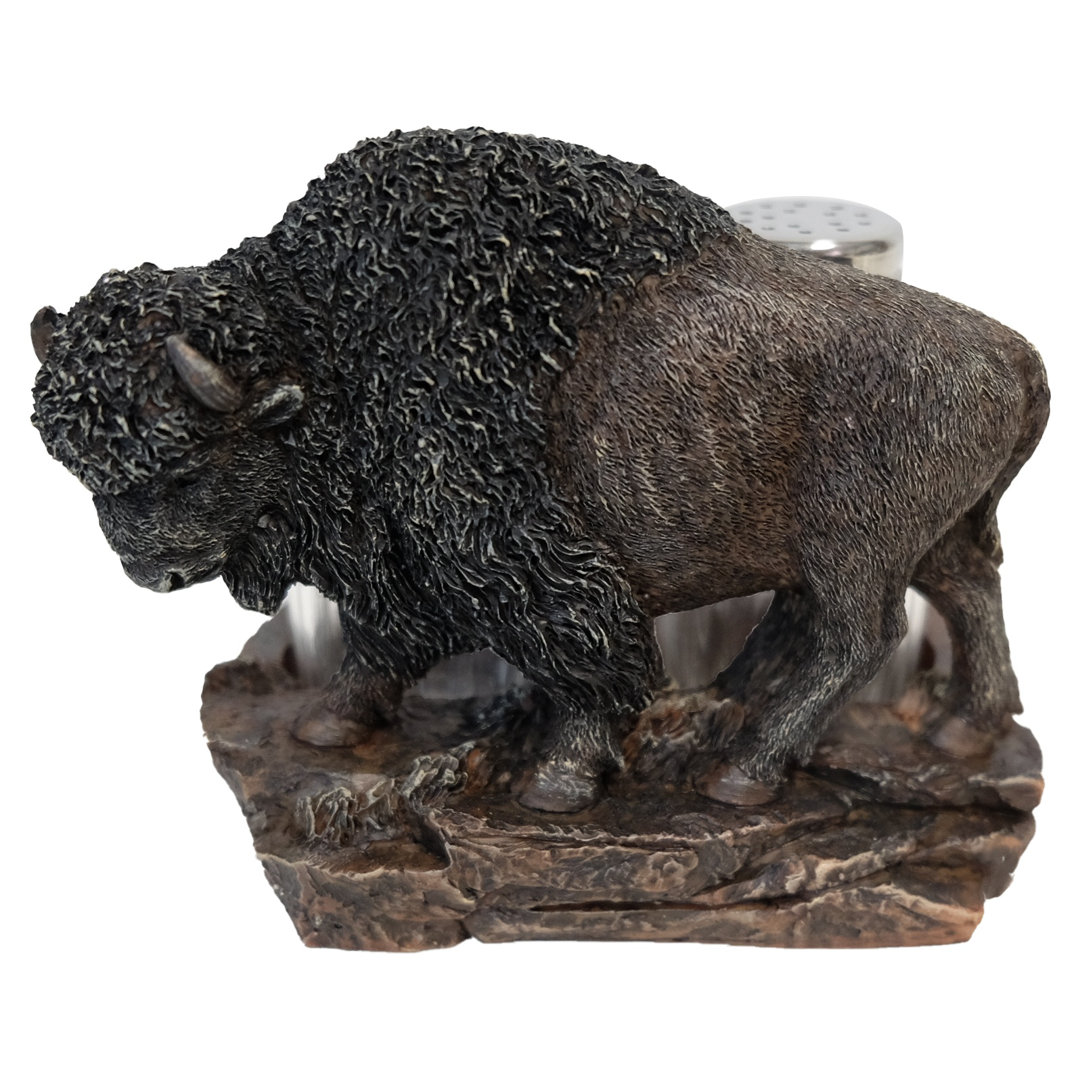 Polyresin North American Bison Buffalo Majestic Western Themed Salt and Pepper Shaker Holder Set De Leon Collections