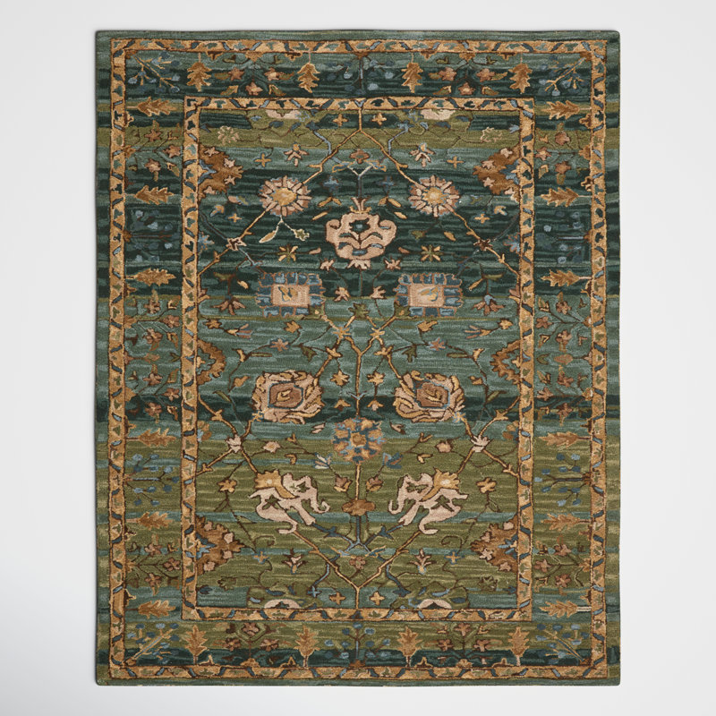 Corla Blue and Green Floral Hand-Tufted Wool Rug 8' x 10'