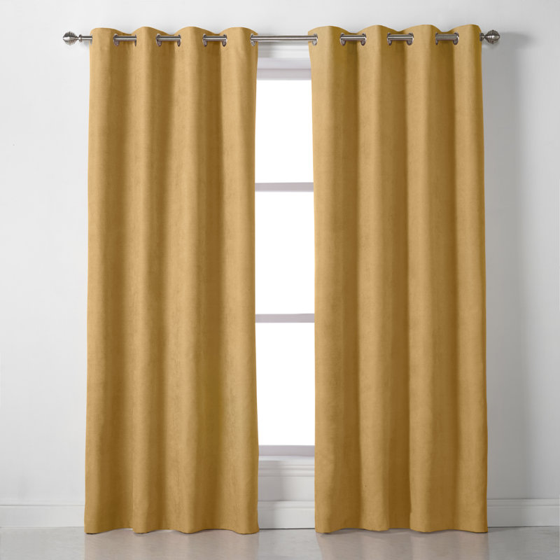 Nalaiyah Velvet Chenille Eyelet Curtains, 142cm Width x 137cm Drop, Ochre